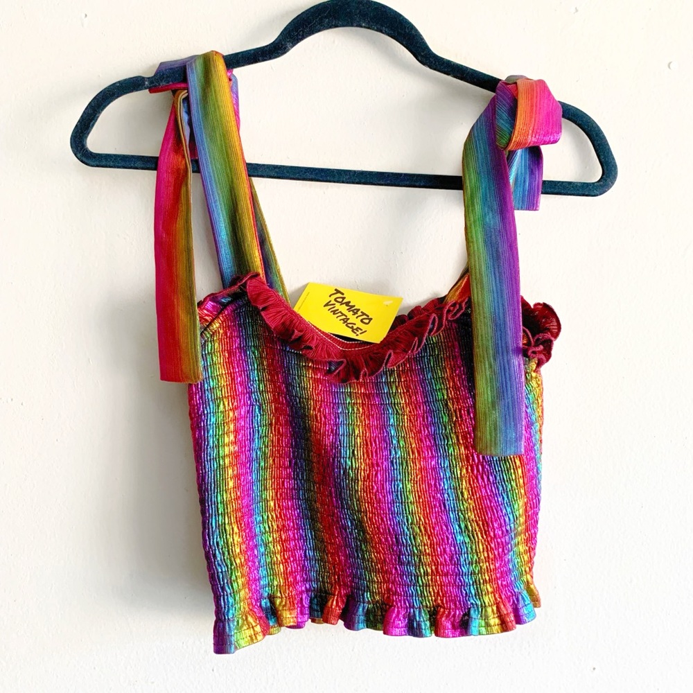 New TCEC Preppy Rainbow Holographic Striped Bow Top Square Neck Boutique Large